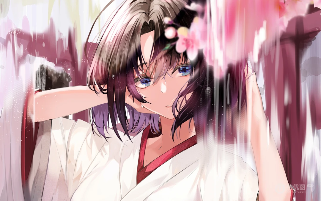 樱花树下的和服动漫短发少女