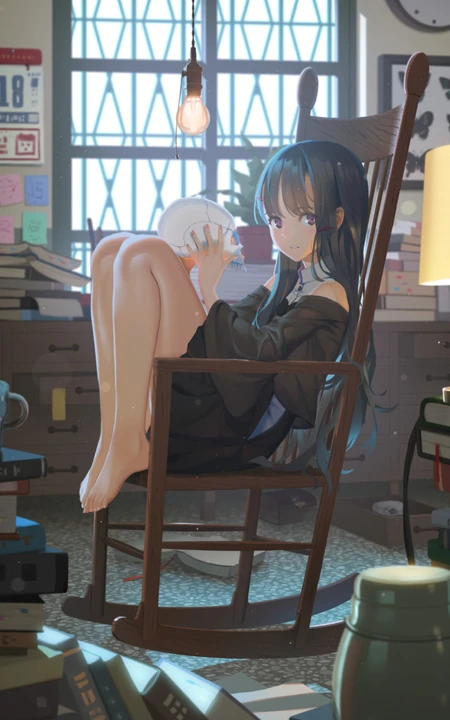 书房里抱着骷髅头坐在摇摇椅上的动漫美女