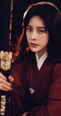 赵樱子手执古剑，身穿古装红衣长发飘飘酷美写真美图