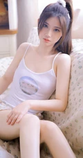 浅粉白皙线条感马尾辫女生肩带背心打搭配碎花短裤气质吸睛室内照