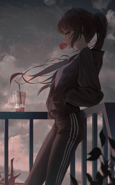手插口袋身靠栏杆吹泡泡糖的动漫少女