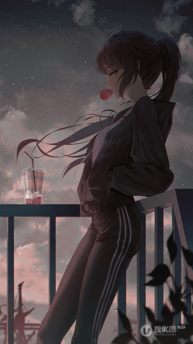 手插口袋身靠栏杆吹泡泡糖的动漫少女