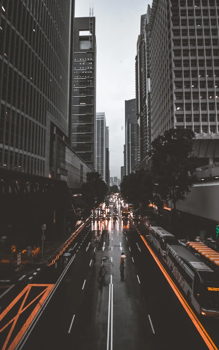 城市繁华的大道，高耸的办公大楼风景