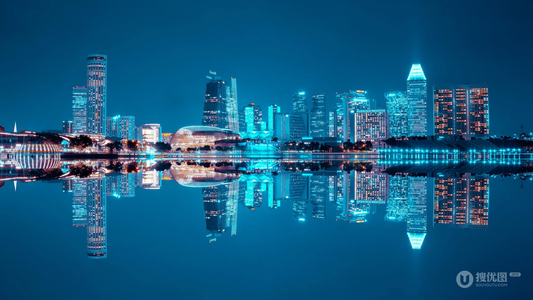 海边城市的蓝色灯光夜景高清壁纸