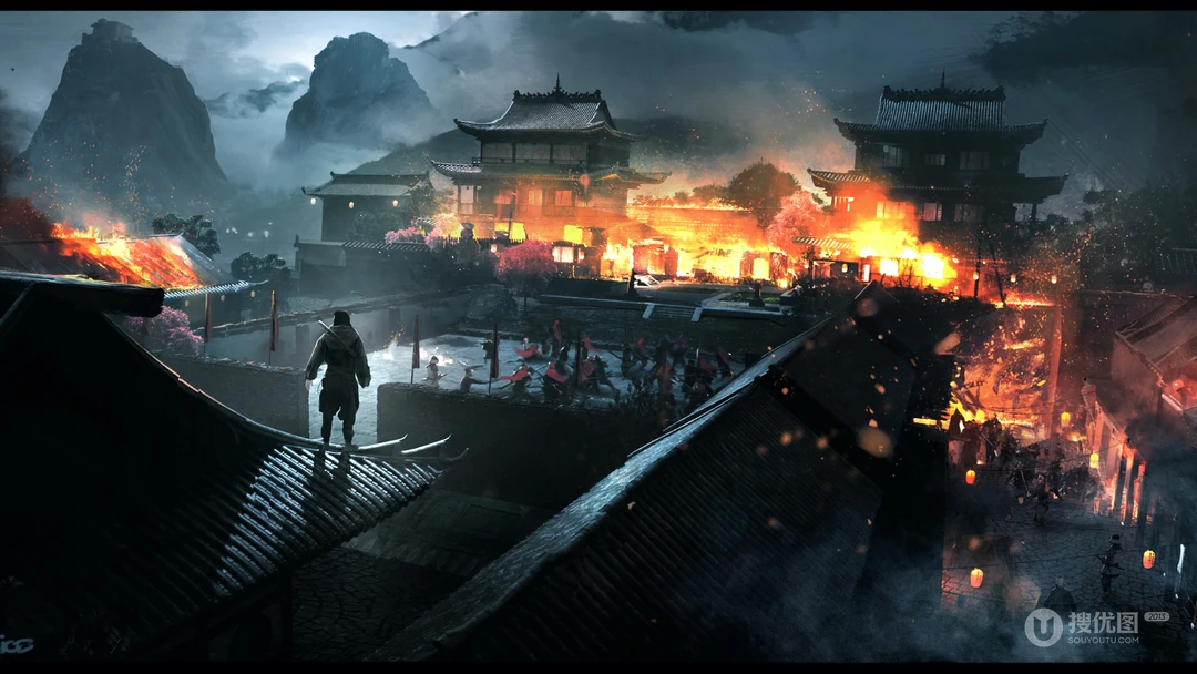燃烧的城池游戏场景插画壁纸图片