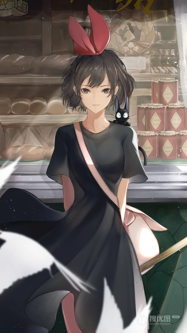 头戴大蝴蝶结肩上站着黑猫的动漫少女手绘壁纸