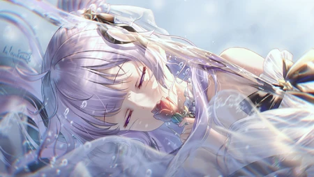 闭眼闻香手拿玫瑰的动漫少女电脑壁纸