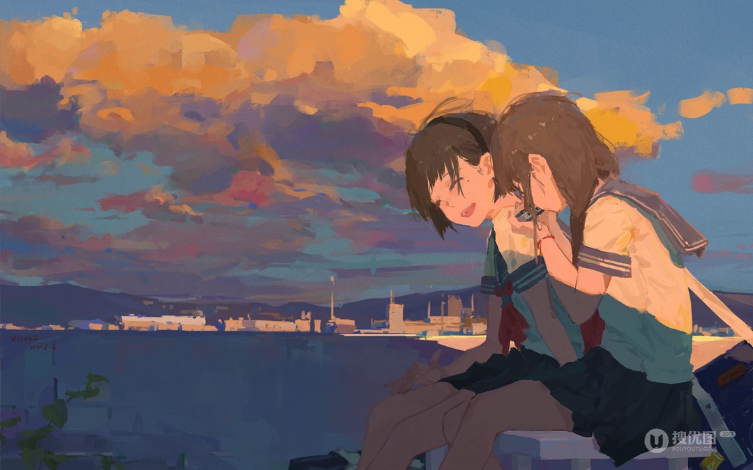 创意油画海边看风景的少女