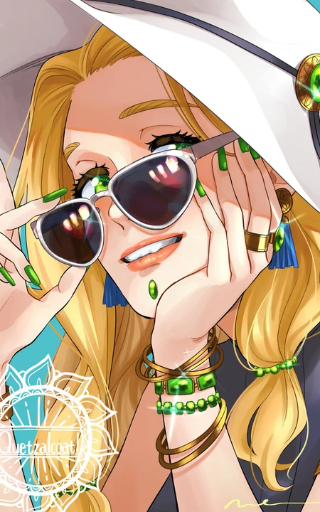 戴草帽太阳眼镜的动漫美女近照人像插画手机壁纸