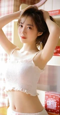 眼睛明亮，浅粉白皙长发女生白色肩带礼裙衣短裤居家吸睛写真美照