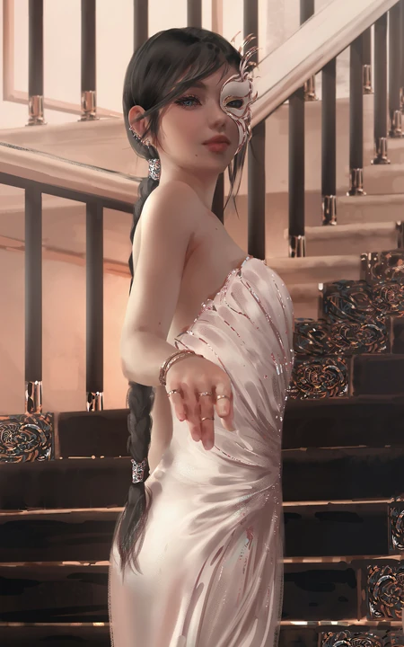 高贵优雅戴着面具站在楼梯上的动漫美女