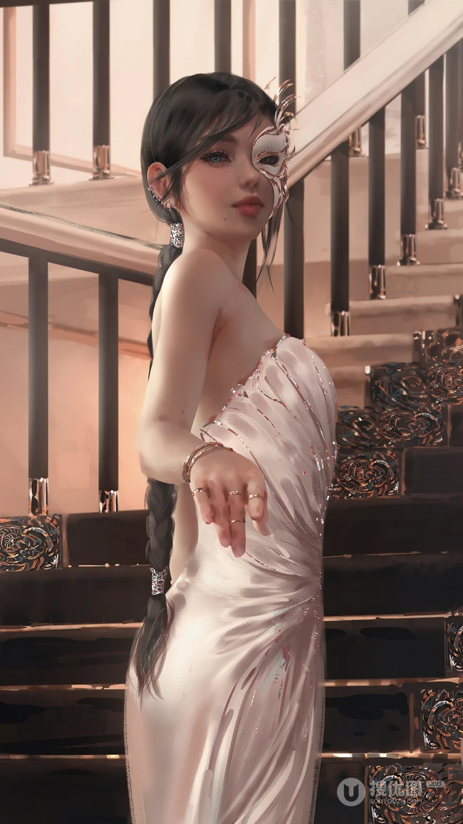 高贵优雅戴着面具站在楼梯上的动漫美女
