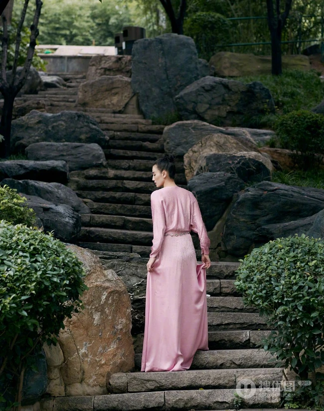 宋佳V领粉裙丸子头造型行走在公园石头路上森系唯美写真