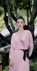 宋佳V领粉裙丸子头造型行走在公园石头路上森系唯美写真
