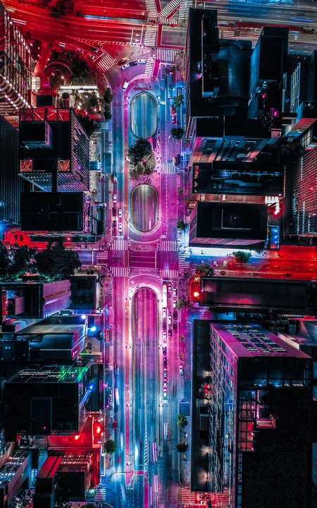 灯红酒绿高空航拍夜景城市的车水马龙桌面壁纸