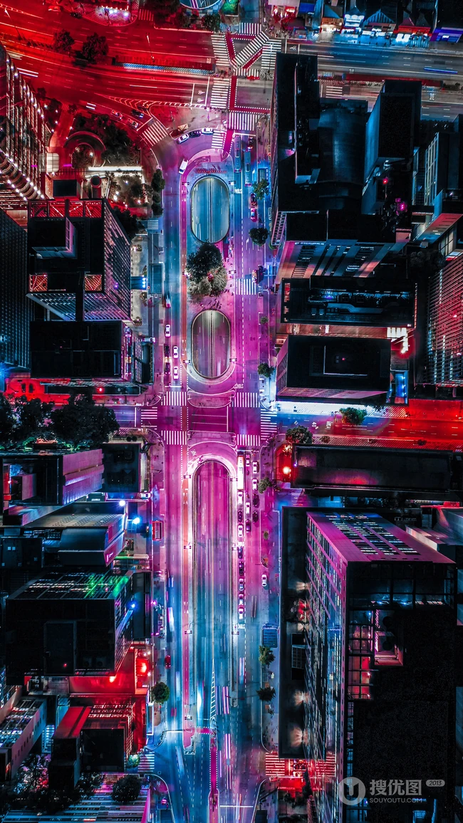 灯红酒绿高空航拍夜景城市的车水马龙桌面壁纸