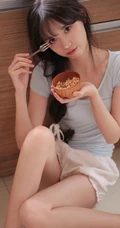 浅粉可爱麻花辫邻家小妹妹T恤短裤穿搭吃奶油蛋糕甜美写真照