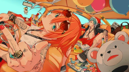 嘻哈不良少男少女开车出游高清插画壁纸图片