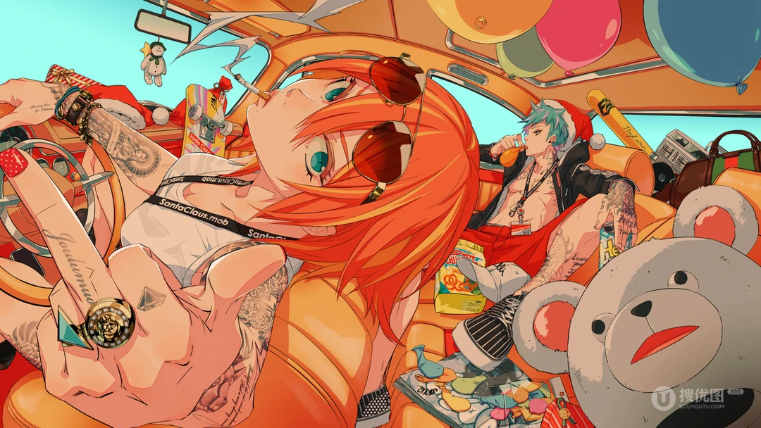 嘻哈不良少男少女开车出游高清插画壁纸图片