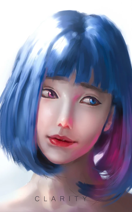 齐刘海蓝色短发的人像插画高清手机壁纸