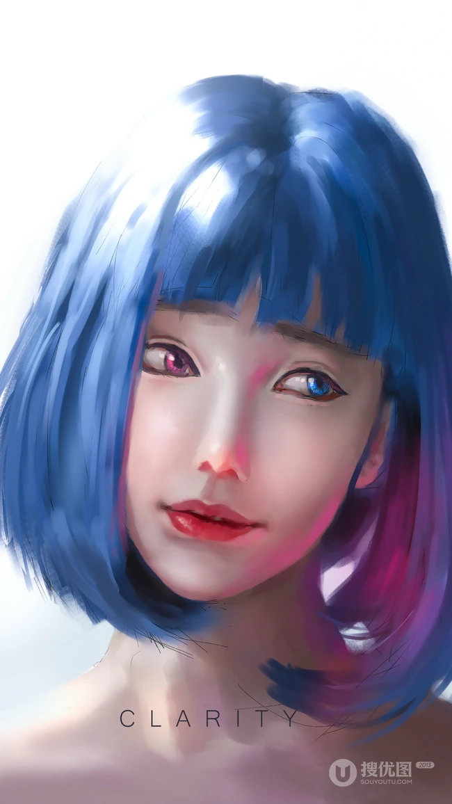 齐刘海蓝色短发的人像插画高清手机壁纸