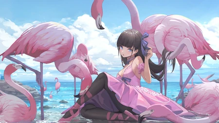 海边和火烈鸟嬉戏的动漫少女高清壁纸