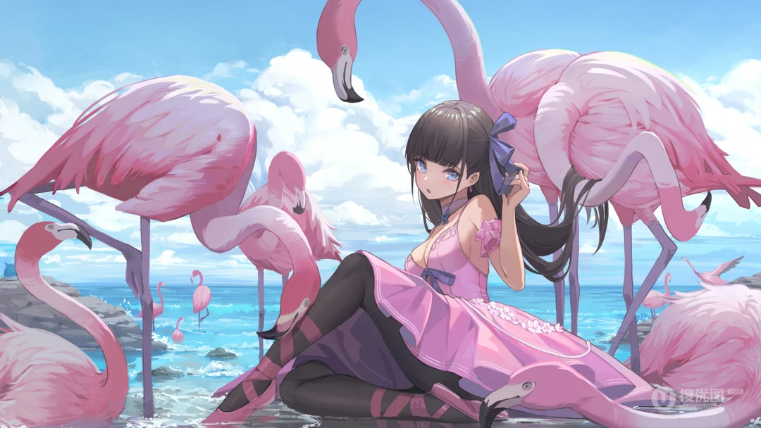海边和火烈鸟嬉戏的动漫少女高清壁纸