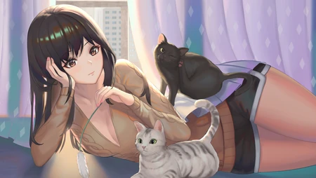躺着身上趴着两只宠物猫的动漫美女手机壁纸