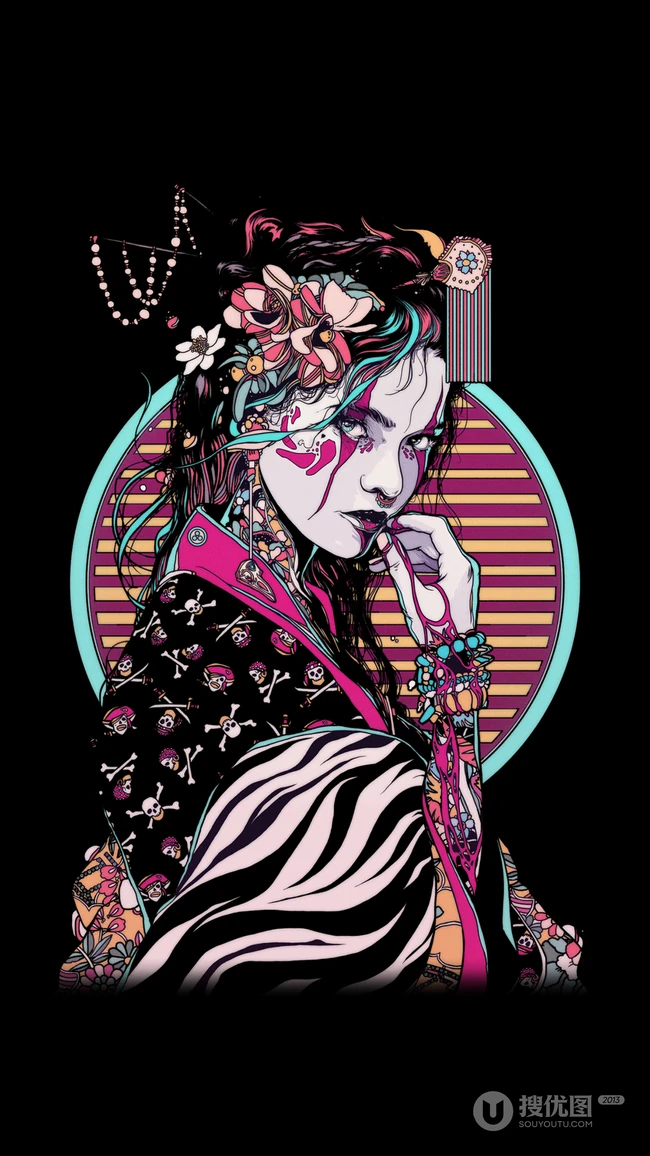 手绘传统和风动漫美女高清手机壁纸