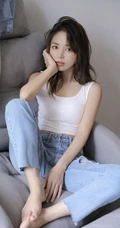 眼睛明亮的精致卷发女生小姐姐身着白色背心牛仔裤慵懒动人室内写真照