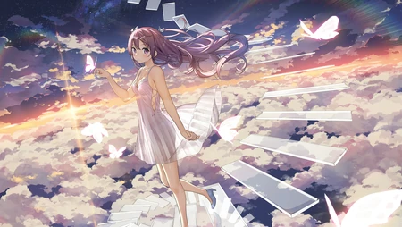 梦幻的云上阶梯，走下阶梯的动漫少女