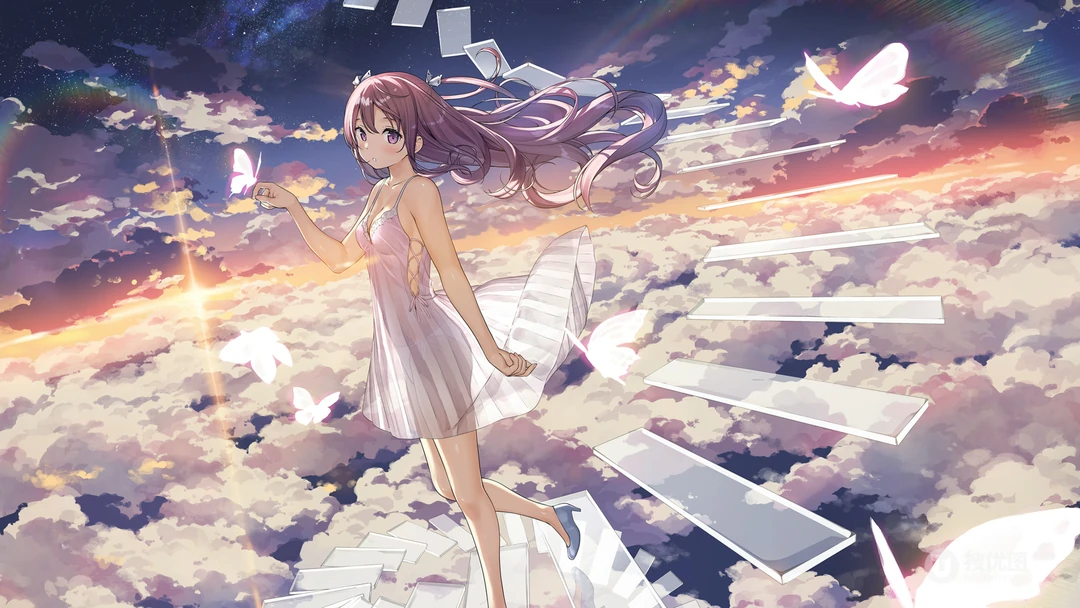 梦幻的云上阶梯，走下阶梯的动漫少女