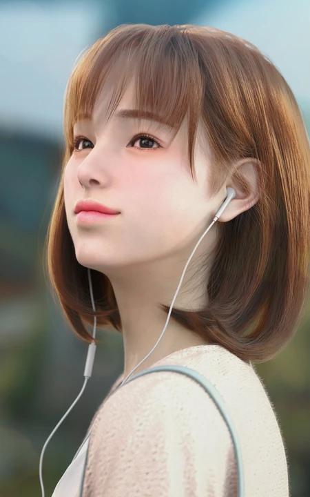 3D时尚短发美女听MP3的插画手机壁纸