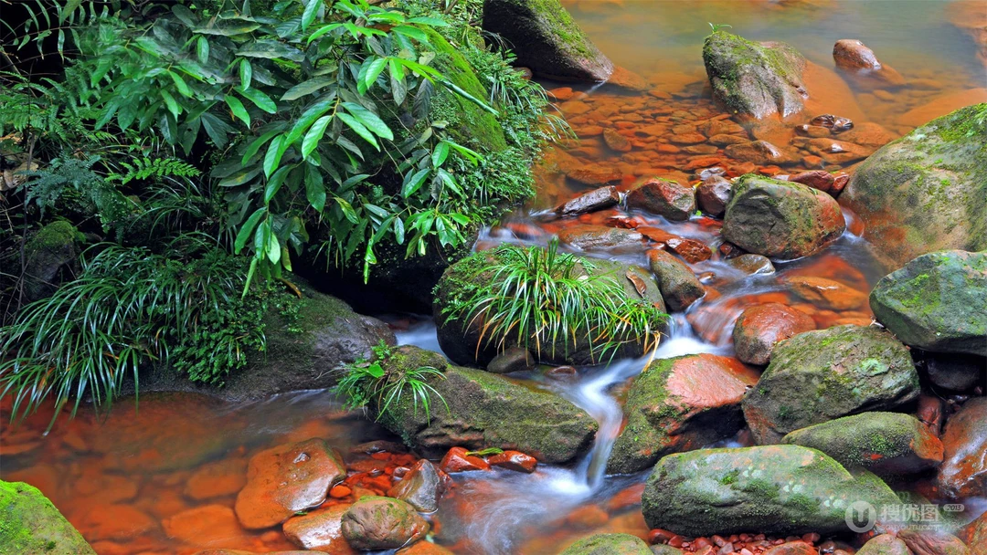 川流不息 溪流 石头 青苔 瀑布 红色石头 赤水佛光岩唯美景色壁纸图片