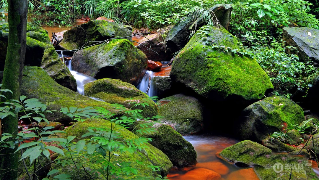 川流不息 溪流 石头 青苔 瀑布 红色石头 赤水佛光岩唯美景色壁纸图片
