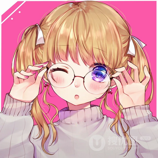 手托眼镜 甜美 可爱 学生妹 二次元动漫少女高清插画图片集