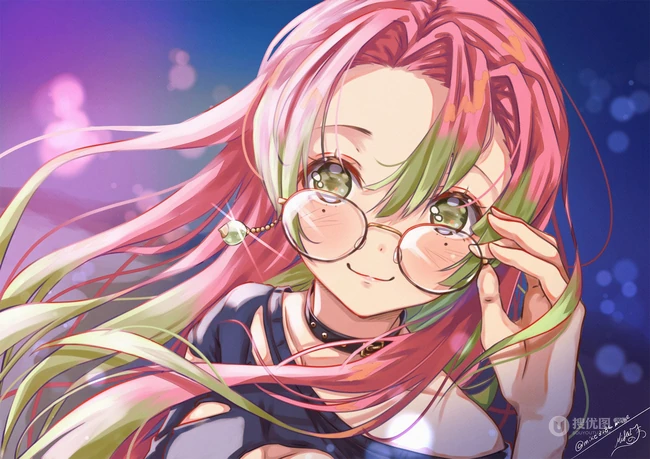 手托眼镜 甜美 可爱 学生妹 二次元动漫少女高清插画图片集