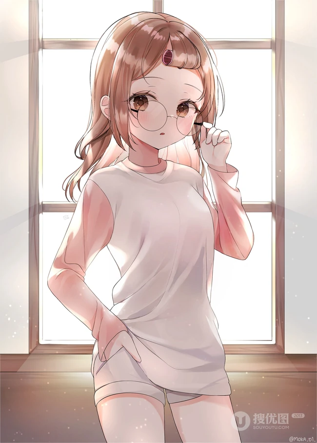 手托眼镜 甜美 可爱 学生妹 二次元动漫少女高清插画图片集