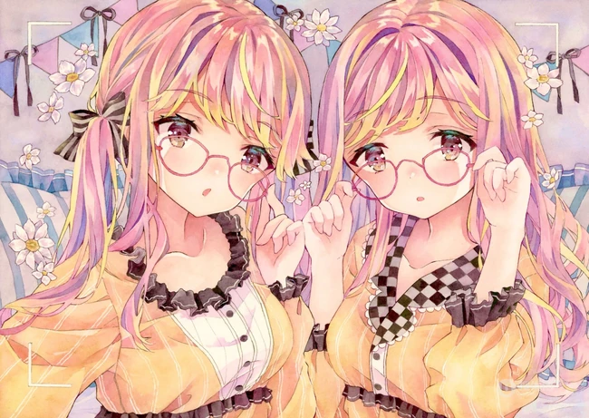 手托眼镜 甜美 可爱 学生妹 二次元动漫少女高清插画图片集