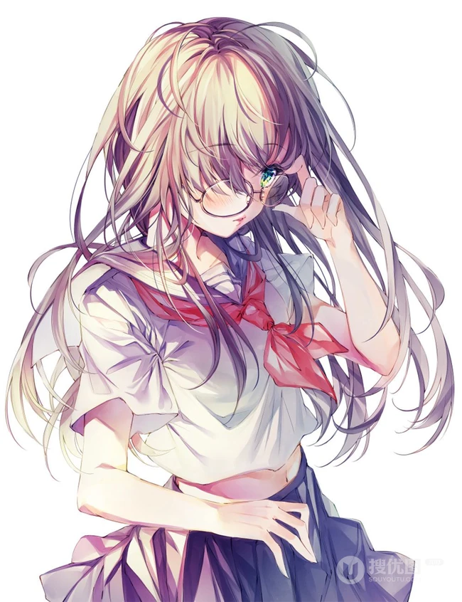 手托眼镜 甜美 可爱 学生妹 二次元动漫少女高清插画图片集