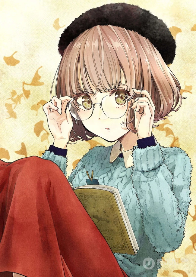手托眼镜 甜美 可爱 学生妹 二次元动漫少女高清插画图片集