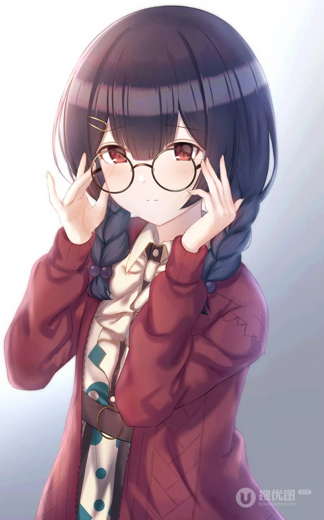 手托眼镜 甜美 可爱 学生妹 二次元动漫少女高清插画图片集