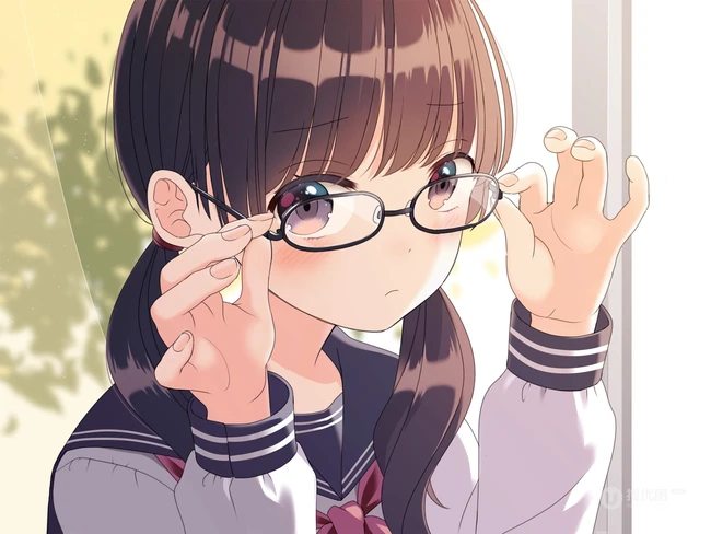 手托眼镜 甜美 可爱 学生妹 二次元动漫少女高清插画图片集
