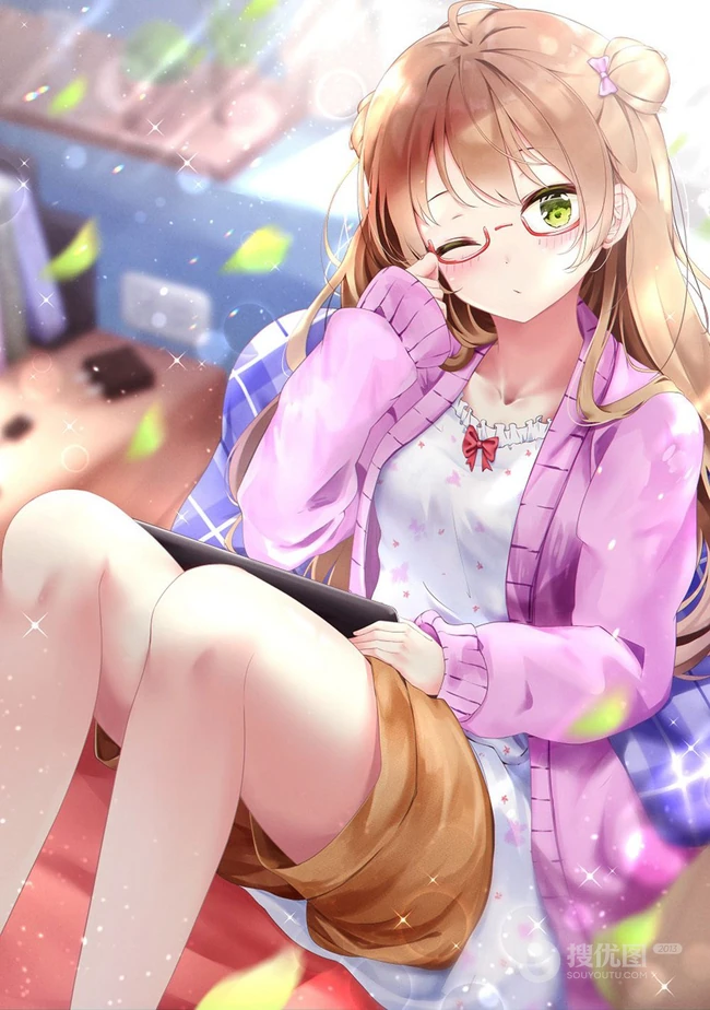 手托眼镜 甜美 可爱 学生妹 二次元动漫少女高清插画图片集