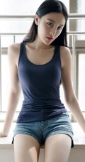 撩发样子好动人，漂亮长发女生背心牛仔短裤 热裤居家悠闲随意写真气质照