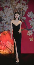 万茜黑色V领开叉长裙礼服优雅魅力气质活动写真图片
