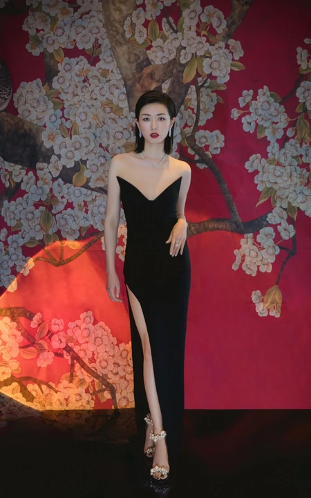 万茜黑色V领开叉长裙礼服优雅魅力气质活动写真图片