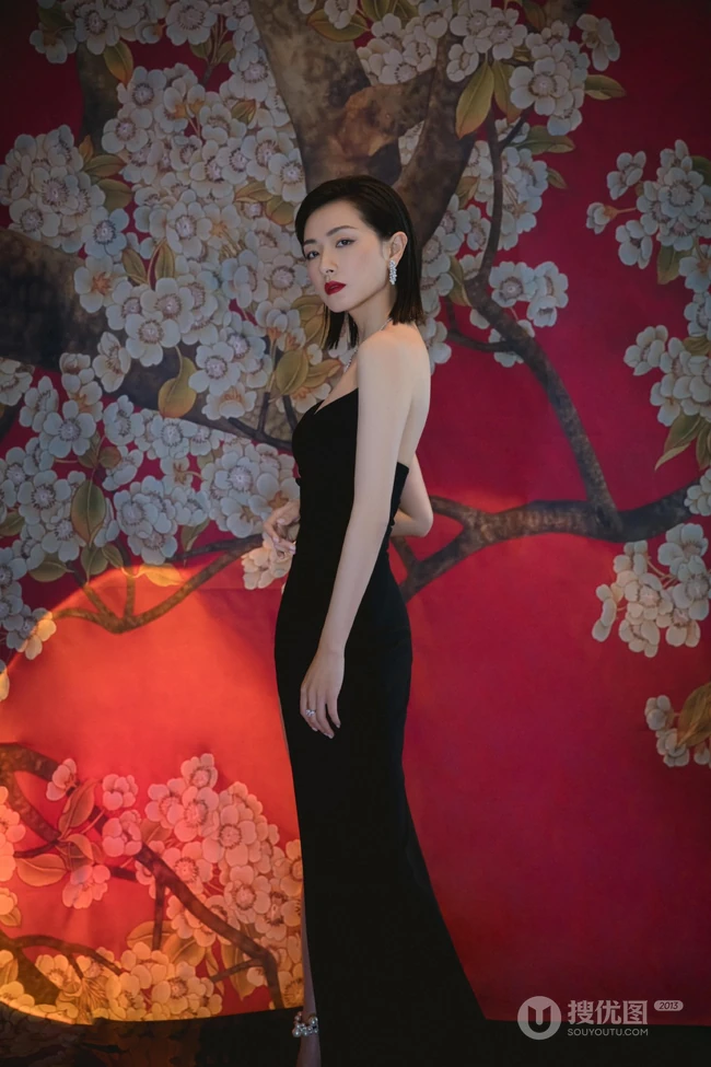 万茜黑色V领开叉长裙礼服优雅魅力气质活动写真图片