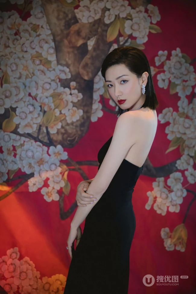 万茜黑色V领开叉长裙礼服优雅魅力气质活动写真图片