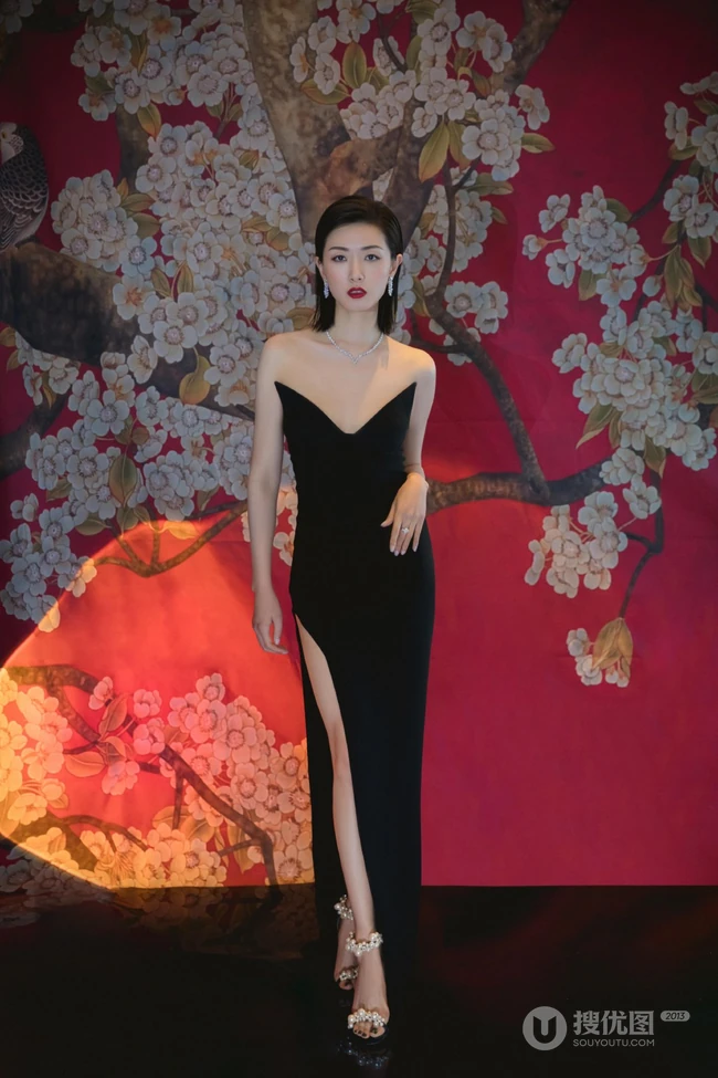 万茜黑色V领开叉长裙礼服优雅魅力气质活动写真图片